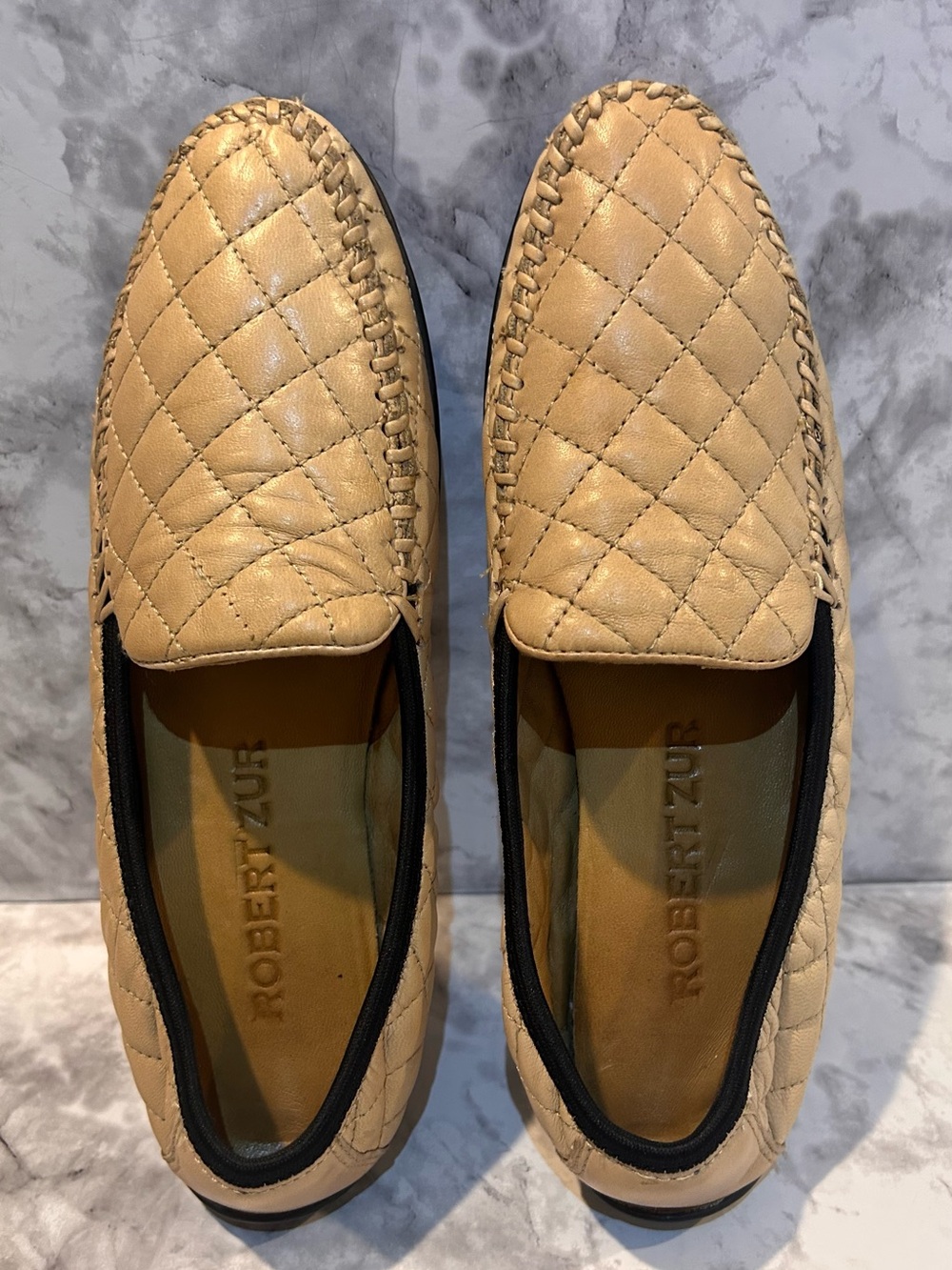 Robert Zur Quilted Beige Leather Slip-On Loafers